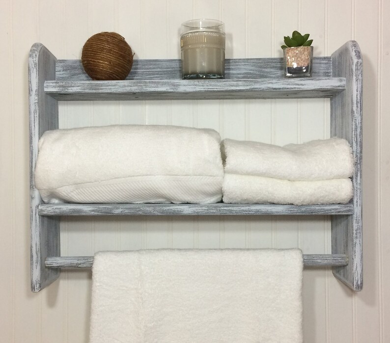 White Bathroom Shelves With Towel Bar, Farmhouse Kitchen Shelves ...