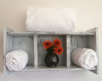 Rustic White Bathroom Shelf with Reclaimed Wood Towel Rack