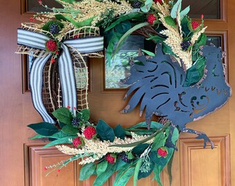Rooster Farmhouse Wreath for Front Door - Wreath with Berries and Black Ticking Strip Ribbon - Everyday Grapevine Wreath