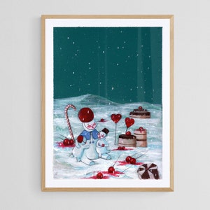 Può includere: Due pupazzi di neve con cappelli rossi e sciarpe blu si trovano in un paesaggio innevato con un cielo verde. I pupazzi di neve sono circondati da ciliegie rosse e torte al cioccolato con ciliegie rosse in cima. Ci sono anche palloncini rossi a forma di cuore.