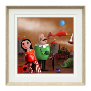 Può includere: Un'illustrazione fantasiosa di una coppia in piedi in un paesaggio fantastico. La donna indossa un vestito a righe rosse e bianche e tiene un palloncino rosso. L'uomo indossa una camicia verde e dei baffi. Sullo sfondo ci sono edifici, un pesce volante, una gabbia per uccelli e un serpente.