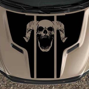 2010-2018 Fits Ram Skull Grunge Rebel Logo Black Out 3pc Sport Air Hood Vehicle Car Vinyl Graphic Decal Sticker Carbon Fiber Finish Option