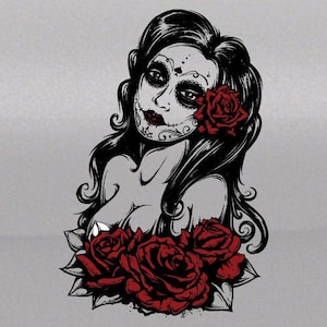 May include: A black and white illustration of a woman with a sugar skull makeup and red roses. The woman has long black hair and is wearing a low-cut top.