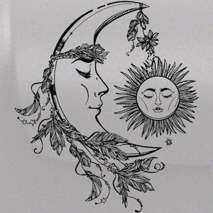 May include: A black and white illustration featuring a crescent moon with a peaceful face, decorated with feathers and a floral crown. A sun with closed eyes and radiating lines is positioned close by, creating a celestial theme.