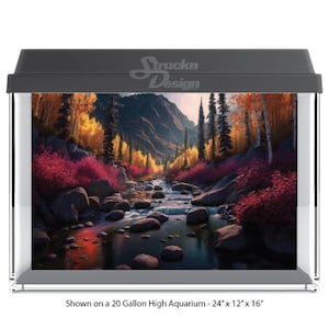 May include: A scenic mountain river backdrop with fall foliage in a 20-gallon high aquarium tank, measuring 24 inches by 12 inches by 16 inches. The tank is made of clear glass with a black frame.
