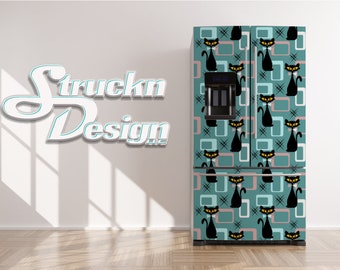 Teal Pink Shape Mid Century Modern Atomic Cat Lodówka Lodówka Zamrażarka Owijka Obok Siebie Górne Dół Drzwi Winylowa Naklejka Ścienna Zdejmowana