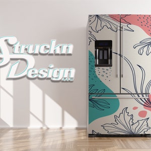 Abstract Organic Shapes Floral Leaf Blue Refrigerator Fridge Freezer Wrap Side by Side Top Bottom Door Vinyl Mural Skin Decal Removable