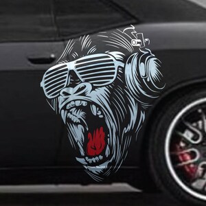 INCLUDES Both Sides - Gorilla King Kong Large Side Glasses Grunge Hood Door Car SUV Bed Pickup Vehicle Truck Vinyl Graphic Decal Tailgate US