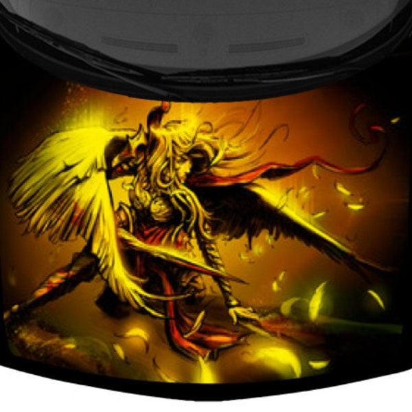 Battling Angel Warrior Wings Sexy Women Yellow Van SUV Car Pickup Truck Hood Wrap Vinyl Graphic Decal 58x 65 "US Made Cast Laminated Option