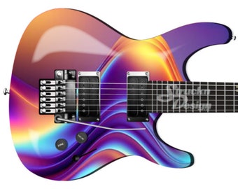 Puede incluir: Una guitarra eléctrica púrpura, azul y naranja con un diseño abstracto en espiral. La guitarra tiene un cuerpo negro y un mástil negro con herrajes plateados.