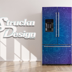 Gray Rotating Gears Technical Purple Blue Refrigerator Fridge Freezer Wrap Side by Side Top Bottom Door Vinyl Mural Skin Decal Removable