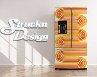 Retro 70s Yellow Orange Red Wavy Design Refrigerator Fridge Freezer Wrap Side by Side Top Bottom Door Vinyl Mural Skin Decal Removable