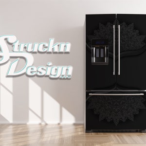 May include: A black refrigerator with a decorative mandala design on the doors. The refrigerator has a water dispenser and ice maker.