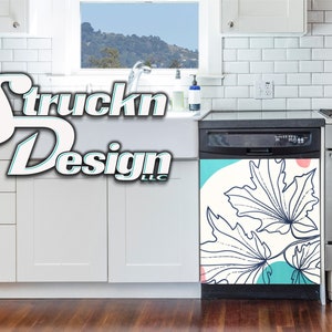 Abstract Organic Shapes Floral Leaf Blue Dishwasher Wrap Dishes Front Door Vinyl Mural Skin Decal Removable