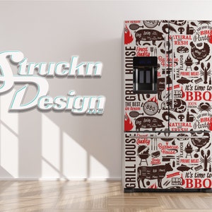 Black Red Graphic BBQ Meat Grill House Refrigerator Fridge Freezer Wrap Side by Side Top Bottom Door Vinyl Mural Skin Decal Removable