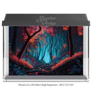 Autumn Dark Trees Cyan Light Red Orange Leaves 10mil Polyester Fish Tank Glass Backdrop Aquarium Background Waterproof Grey Opaque Backer