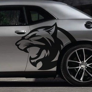 May include: A black and silver car with a black and white animal decal on the side. The decal is of a snarling animal with sharp teeth and a long tail.