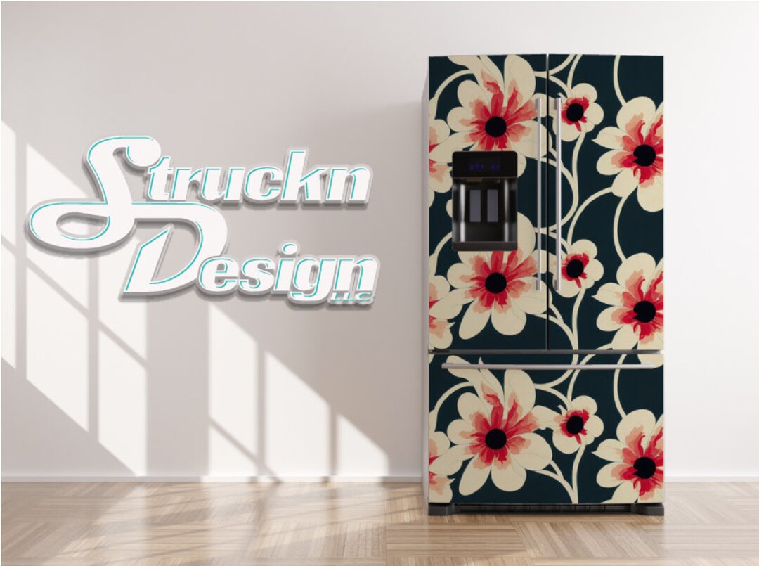 Retro Floral Flower Red Pattern Design Refrigerator Fridge Freezer Wrap ...