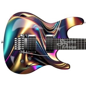 May include: A black electric guitar with a colorful, iridescent, abstract design. The guitar has a black body and a black neck with silver hardware. The design features swirls of blue, purple, pink, and gold.
