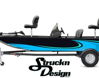 May include: A black and blue fishing boat with a teal stripe on a trailer. The boat has two seats and a Mercury outboard motor.