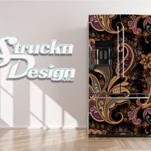 Purple Teal Paisley Floral Black Detailed Refrigerator Fridge Freezer Wrap Side by Side Top Bottom Door Vinyl Mural Skin Decal Removable