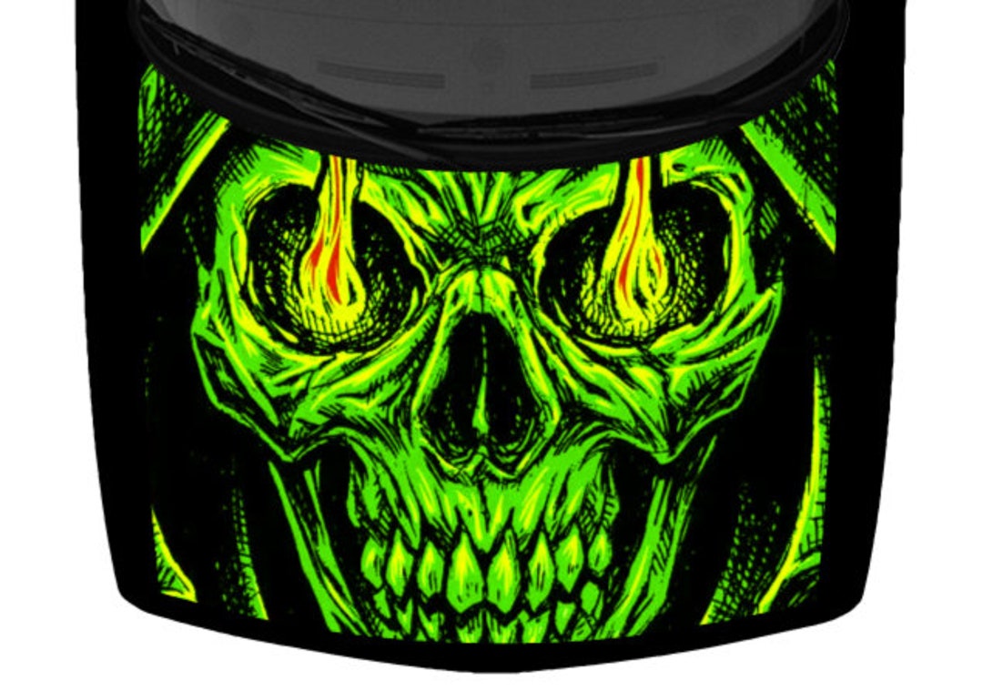 Calcomanía gráfica de vinilo con diseño de calavera de la muerte con ojos  de fuego verde claro para capó de camioneta, camioneta, todoterreno,  automóvil, opción laminada fundida de 58 x 65 pulgadas, fabricada en EE.  UU. - Etsy México, image size:1080x759
