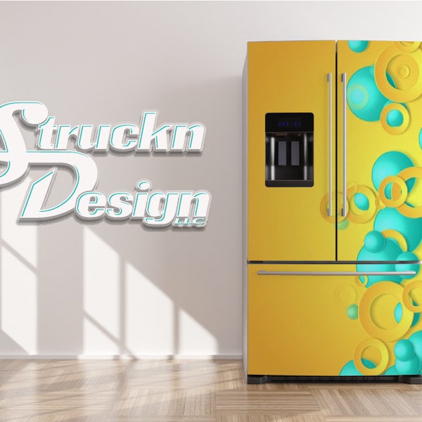 Yellow Teal Dotted Circular Pattern Refrigerator Fridge Freezer Wrap Side by Side Top Bottom Door Vinyl Mural Skin Decal Removable