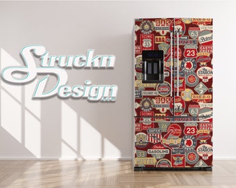 May include: A refrigerator with a red, white, and blue patterned design featuring vintage-style signs with text like "Gas Entrance", "Scenic Drive", "Super Motel", "Chief Garage", "Station", "Bar-B-Q", "Route 23", "Gasoline", and "Eastern Freeway".