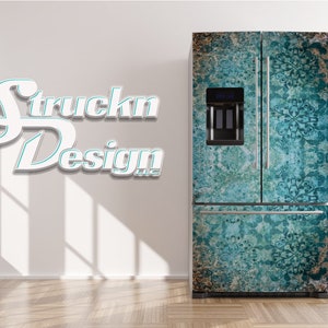 Vintage Pattern Cyan White Gray Refrigerator Fridge Freezer Wrap Side by Side Top Bottom Door Vinyl Mural Skin Decal Removable