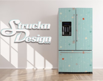 Modern Teal Lines Orange Cute Design Refrigerator Fridge Freezer Wrap Side by Side Top Bottom Door Vinyl Mural Skin Decal Removable