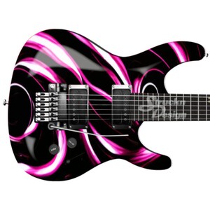 May include: Electric guitar with a black body and a vibrant pink and white swirling design. The guitar features a tremolo bridge, two pickups, and a fretboard with silver frets. The text "Strunch Design" is visible on the fretboard.