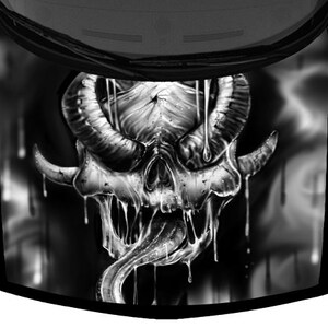Horned Demon Tongue Grunge Truck Hood Wrap Vinyl Car Graphic Decal Grayscale 58&quot; x 65&quot; USA Made Cast Laminated Option
