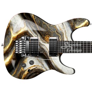 May include: A black electric guitar with a white and gold marble pattern. The guitar has a black pickguard and black hardware.