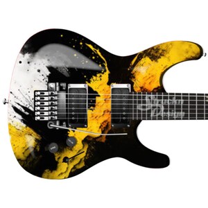 May include: Black electric guitar with a yellow, white, and black paint splatter design.