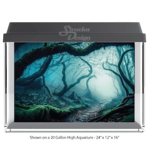 Light Blue Foggy Mystical Forest Trees 10mil Polyester Aquarium Tank Glass Backdrop Background Waterproof Grey Opaque Backer