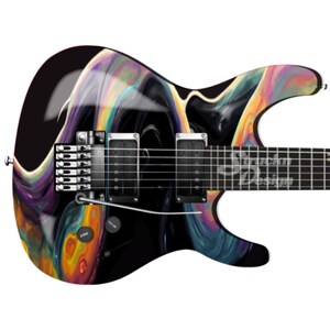 May include: A black electric guitar with a colorful abstract design. The design features swirling, iridescent colors, including purple, blue, green, orange, and yellow. The guitar has a black body and a silver bridge and tuning pegs.