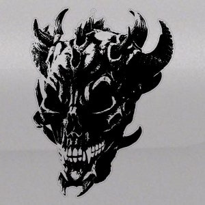 May include: Black and white illustration of a skull with horns. The skull has a detailed design with sharp teeth and a menacing expression.