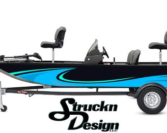 May include: A black and blue boat with a turquoise stripe and a Mercury outboard motor. The boat is on a trailer with a black and white "Struckn Design" logo.