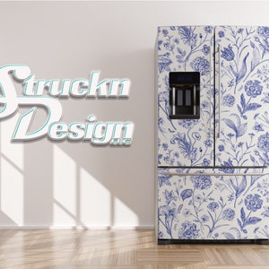 Toile Pattern Flowers Blue White Refrigerator Fridge Freezer Wrap Side by Side Top Bottom Door Vinyl Mural Skin Decal Removable