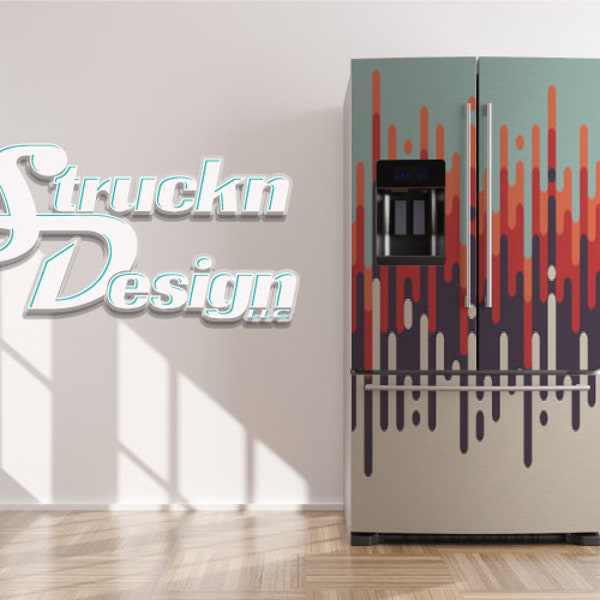 Blue Beige Red Abstract Retro Vintage Lines Refrigerator Fridge Freezer Wrap Side by Side Top Bottom Door Vinyl Mural Skin Decal Removable