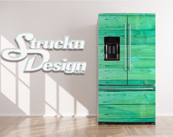 Rústico Viejo Verde Pintado Tablón de madera Refrigerador Congelador Envoltura Lado a lado Puerta superior inferior Vinilo Mural Calcomanía de piel extraíble