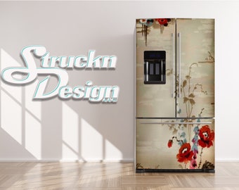 Flower Design Beige Red Green Refrigerator Fridge Freezer Wrap Side by Side Top Bottom Door Vinyl Mural Skin Decal Removable
