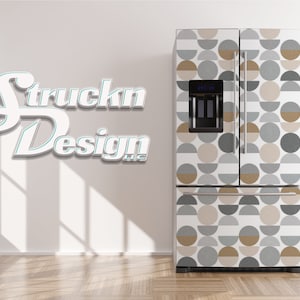 May include: A white refrigerator with a geometric pattern of brown, gray, and white semi-circles. The refrigerator has a water and ice dispenser on the door.