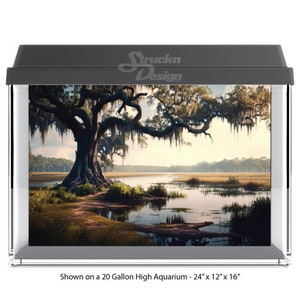 May include: A 20-gallon high aquarium with a scenic backdrop featuring a large oak tree with Spanish moss hanging over a river. The aquarium is 24 inches long, 12 inches wide, and 16 inches high.  Shown on a 20 Gallon High Aquarium - 24" x 12" x 16"