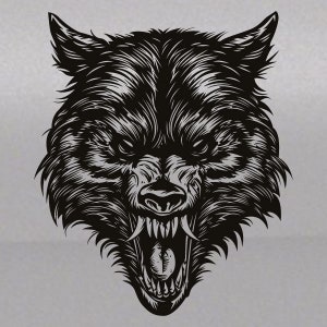 Puede incluir: Una ilustración en blanco y negro de la cabeza de un lobo con una expresión de gruñido. Los dientes del lobo están descubiertos y sus ojos están entrecerrados.