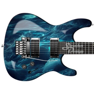May include: A blue electric guitar with a water wave design. The guitar has a black body and a silver bridge and tuning pegs.