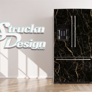 Black Gold Cracked Marble Rock Stone Refrigerator Fridge Freezer Wrap Side by Side Top Bottom Door Vinyl Mural Skin Decal Removable