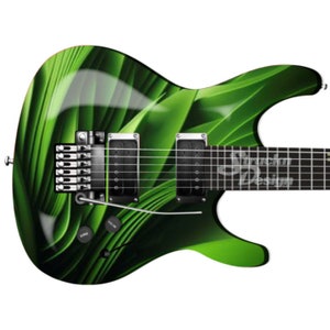 May include: Green electric guitar with a leaf pattern design. The guitar has a black body and a silver bridge and tuning pegs.