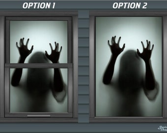 May include: Two windows with a spooky silhouette of a person with their hands pressed against the glass. The text "OPTION 1" is above the left window and "OPTION 2" is above the right window.