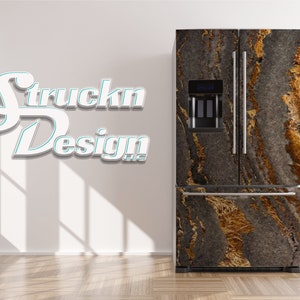 Gold Brown Marble Rock Stone Mineral Refrigerator Fridge Freezer Wrap Side by Side Top Bottom Door Vinyl Mural Skin Decal Removable